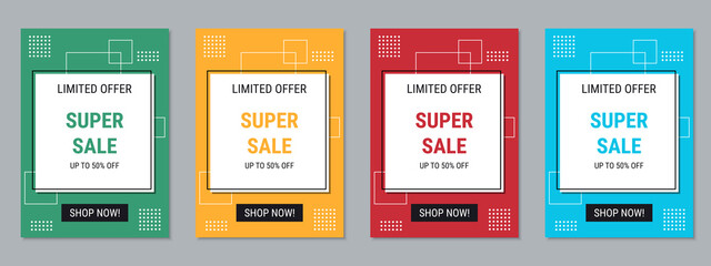 Super sale banner, business flyer, discount coupon, booklet vector design templates collection. A4 format