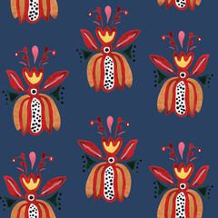 Seamless pattern of flowers, which are made in the style of avant-garde decorative arts of Ukraine in the early 20th century.