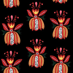 Seamless pattern of flowers, which are made in the style of avant-garde decorative arts of Ukraine in the early 20th century.