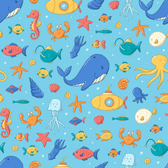 Fototapeta na wymiar Sea life seamless pattern with fish doodles for nursery textile prints, scrapbooking, stationary, wallpaper, wrapping paper, packaging. Kids print, pattern. EPS 10