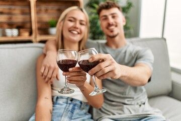 Young caucasian couple smiling happy toasting with red wine at home.
