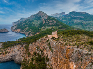 Fototapeta na wymiar Aerial view of the luxury cliff house hotel on top of the cliff on the island of Mallorca, Spain.