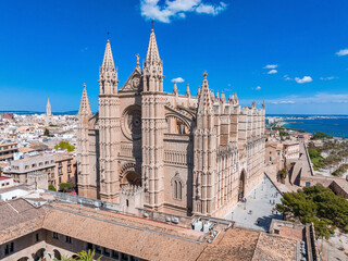 Aerial view of La Seu, the gothic medieval cathedral of Palma de Mallorca in Spain