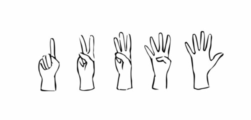 Set of business man hands showing different numbers, counting, pointing, fist. Hand drawn cartoon Illustration