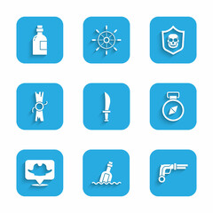 Set Pirate sword, Bottle with message in water, Vintage pistols, Compass, Location pirate, Decree, parchment, scroll, Shield skull and Alcohol drink Rum icon. Vector