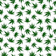 Fototapeta premium Seamless pattern of green cannabis leaves on a white background. Green hemp leaves. 