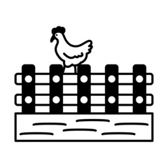 Agricultural fencing vector icon design, Farming and Agriculture symbol, village life Sign, Rural and Livestock stock illustration, chicken standing on fence Concept