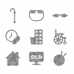 Set Pills in blister pack, Nursing home, Yarn ball with knitting needles, Wheelchair, Medicine pill or tablet, Eyeglasses and Walking stick cane icon. Vector