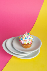 A freshly baked cupcake adorned with white frosting and sprinkles, centered on white ceramic plates against vibrant backdrop.