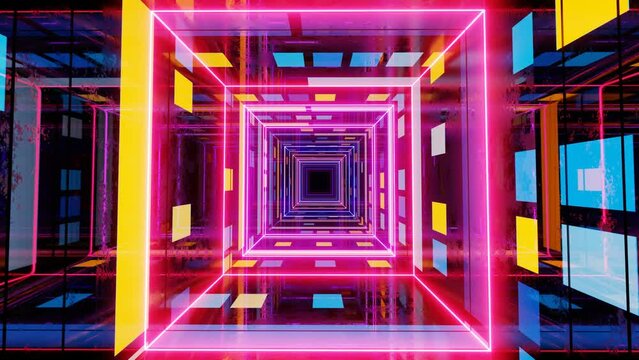 Rainbow colors. Fly through mirror tunnel with neon pattern, glow lines form sci fi pattern. Bright reflection neon light. Simple bright background, sci fi structure. 4k seamless looped animation.