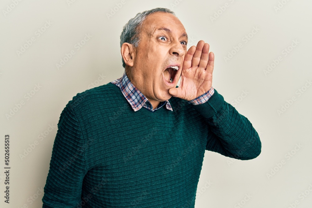 Poster handsome senior man with grey hair wearing casual sweater shouting and screaming loud to side with h