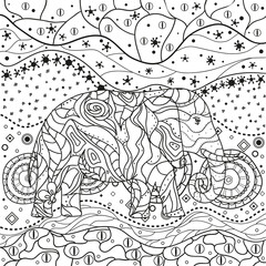 Abstract elephant on mandala. Hand drawn animal with patterns on isolation background. Design for spiritual relaxation for adults. Black and white illustration for coloring