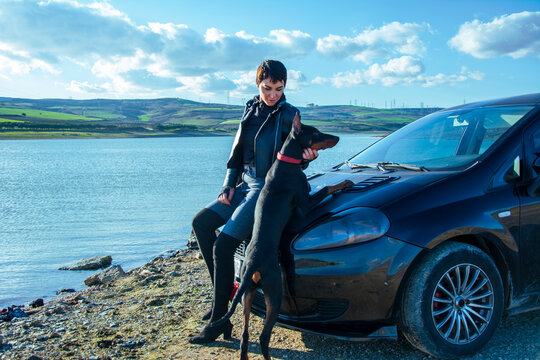 Young woman and her dog on the car