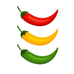 Chilli pepper set isolated on white background. Hot spicy red, yellow and green chili peppers. Cartoon mexican chilli in a trendy flat style.	