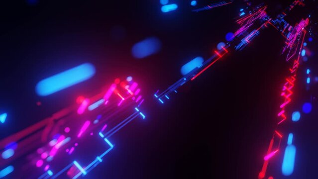 pattern like sci-fi hologram. Fly through technology cyberspace with neon glow. Sci-fi flight through hi-tech technology tunnel. Glow line. 3d looped seamless 4k bright bg. Data flow. Blocks