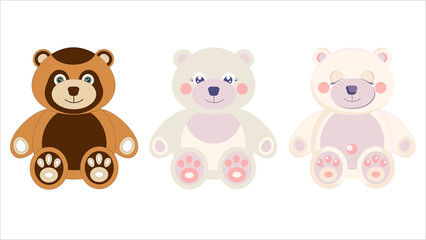 Brown, white cartoon teddy bear. Nursery animals collection, 3 little baby bears sitting