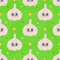 Cute funny garlic concept seamless pattern. Vector hand drawn cartoon kawaii character illustration icon. Cute kawaii garlic cartoon seamless green pattern concept