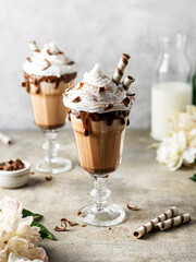 Chocolate milkshake with whipped cream, wafer rolls and chocolate decoration