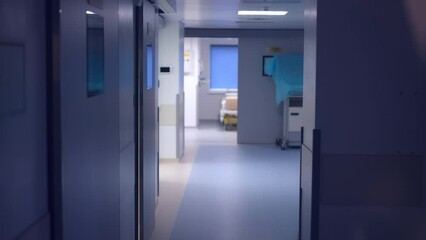 Interiors of modern medical clinic hallway with no people. Wide shot hospital corridor indoors. Medicine and health care concept - Powered by Adobe