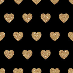 Vector seamless pattern with black hearts on gold. Shiny sparkling background with glitter