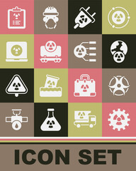 Set Radioactive, Biohazard symbol, Planet earth and radiation, Radiation electrical plug, cargo train, Nuclear laptop, warning document and icon. Vector