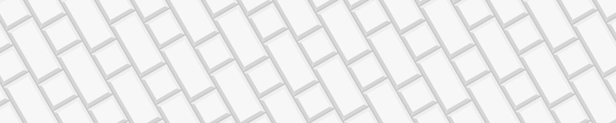White squares and rectangles tile diagonal arrangement. Ceramic or stone brick background. Kitchen backsplash or bathroom wall or floor seamless pattern. Vector flat illustration