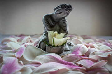 Statuette d'un buddha rêveur qui admire un bouton de rose blanc sur un tapis de pétales de...