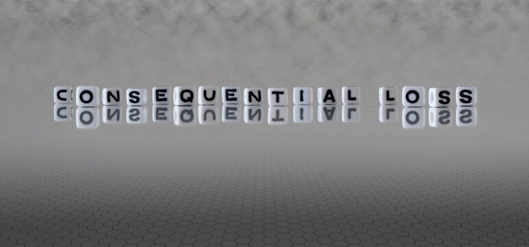 consequential loss word or concept represented by black and white letter cubes on a grey horizon background stretching to infinity