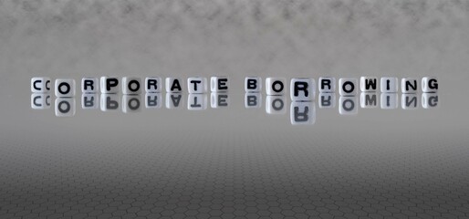 corporate borrowing word or concept represented by black and white letter cubes on a grey horizon...