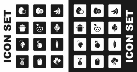 Set Banana, Apple, Cooking pot, Coconut, Garlic, Kiwi fruit, Cucumber and Grape icon. Vector