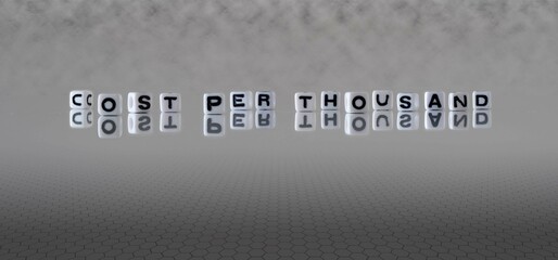 cost per thousand word or concept represented by black and white letter cubes on a grey horizon background stretching to infinity