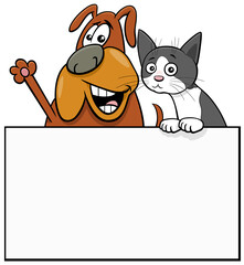 cartoon dog and cat with white card graphic design