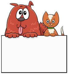 cartoon dog and cat with white singboard graphic design