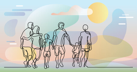 Fototapeta continuous line drawing of happy extended family walking obraz