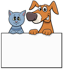 cartoon dog and cat with blank singboard graphic design