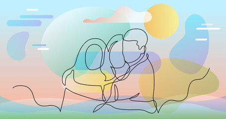 continuous line drawing of three friends hugging each other