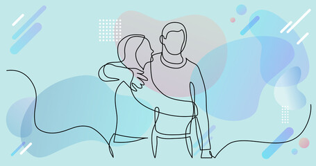 continuous line drawing of young couple of friends hugging each other