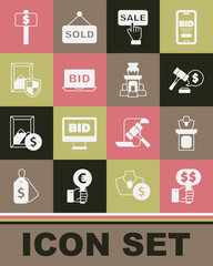 Set Hand holding auction paddle, Auction jewelry sale, hammer price, Price tag with Sale, Online, painting, and ancient vase icon. Vector