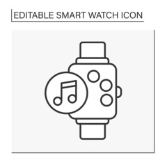  Electronic device line icon. Digital watch accessory on wrist. Control music playlist. Smartwatch concept. Isolated vector illustration. Editable stroke
