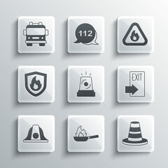 Set Pan with fire, Traffic cone, Fire exit, Flasher siren, Firefighter helmet, protection shield, truck and flame in triangle icon. Vector