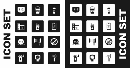 Set Flashlight, Walkie talkie, Building of fire station, Emergency call, Mobile emergency 911, Fire bucket, No and icon. Vector