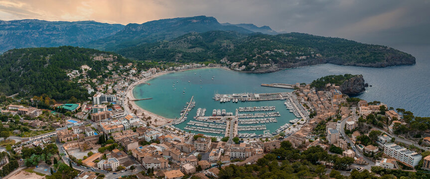 Beautiful aerial harbour of Port de Soller, Mallorca, Spain © ingusk