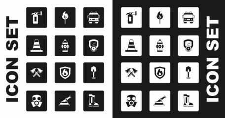 Set Fire truck, hydrant, Traffic cone, extinguisher, Gas mask, Burning match with fire, shovel and Firefighter axe icon. Vector