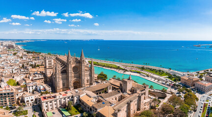 Aerial view of La Seu, the gothic medieval cathedral of Palma de Mallorca in Spain