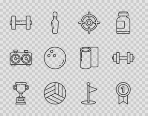 Set line Award cup, Medal, Target sport, Volleyball ball, Dumbbell, Bowling, Golf flag and icon. Vector