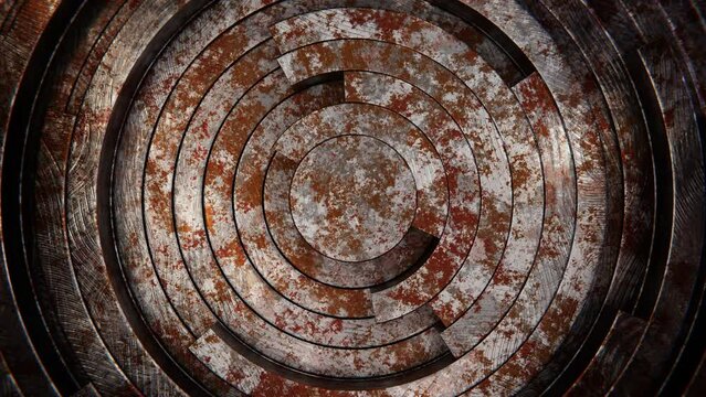 Realistic abstract looping 3D animation of the clock-style moving weathered old metal rings pattern rendered in UHD as motion background