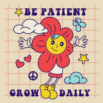 Fun Style Daisy And Peaceful Inspiration Elements On Groovy Poster, Retro Print For Tee, T Shirt With Motivation Slogan. 70s Cartoon Vintage Funky Print.