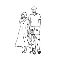 Fototapeta na wymiar line art full length portrait of happy family illustration vector hand drawn isolated on white background