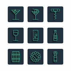 Set line Wooden barrel, Bottle cap, opener, Wine corkscrew, Effervescent tablets water, glass, Martini and Beer bottle icon. Vector