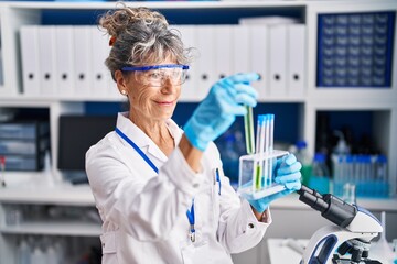 Middle age woman scientist holding test tubes at laboratory